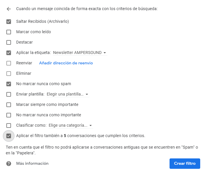 Acciones automatizables de los filtros de Gmail.